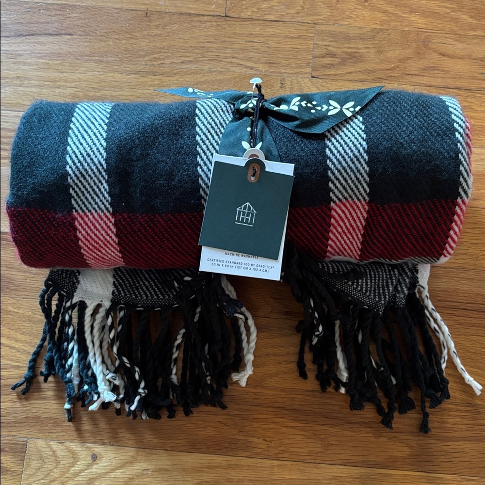 NWT Hearth & Hand Magnolia Green Plaid Fringe Throw Blanket –50x60 Holiday Decor